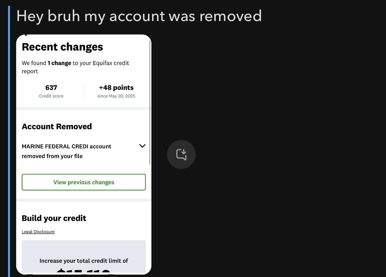 Equifax credit report update showing one change: an account removed from the file, with a score of 637, up 48 points since May 20, 2025.